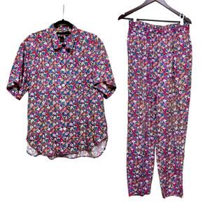 Vintage 90s Y2K Micro-floral Blue Coord Button-Up Shirt and Cropped Pants Set
